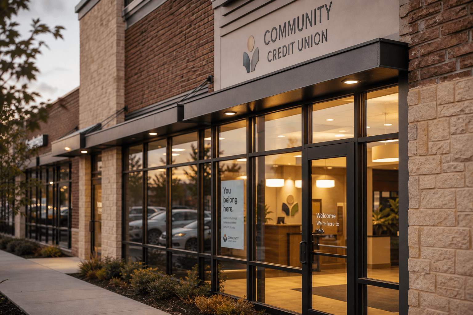 The welcoming storefront entrance of a community credit union branch